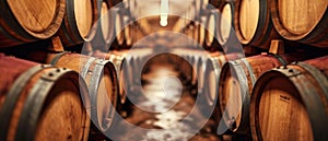 Rows Of Wooden Barrels Filled With Wine, Aging Gracefully In A Cellar