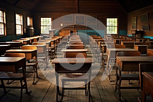 Rows on wooden floor in rural area vintage classroom interior image. Generative ai