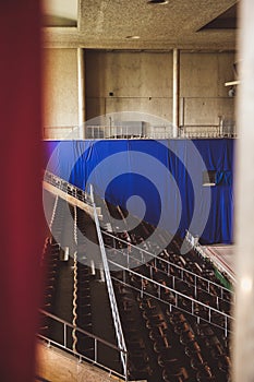 Rows of wooden grandstand empty seats of sport center Gerevich Aladar Nemzeti in Budapest