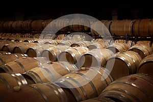 Rows of wooden wine barrels at wine Cellar