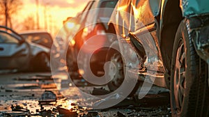 Rows of wrecked cars in an impound lot broken glass damaged bumpers photo