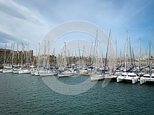 Rows of yachts in Port Vell, Barcelona, Spain.