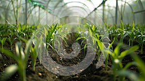 Rows of young green corn plants in soil inside greenhouse, agricultural concept on farm