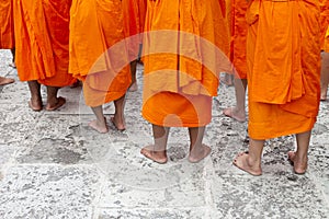 Rows of young Thai Buddhist novice monks standing