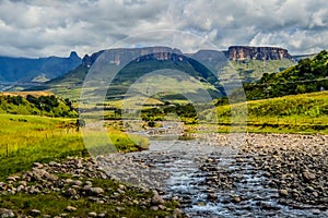 Royal amphitheatre of Drakensberg on a cloudy overcast day