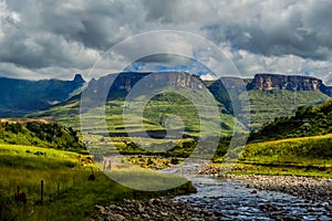 Royal amphitheatre of Drakensberg on a cloudy overcast day