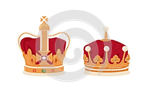 Royal aristocrat monarchy jewel golden crowns for king and queen isolated on white background