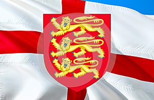 Royal arms of England with English flag. British royal Coat of arms of Great Britain, 3D Rendering. UK Royal. UK National emblem