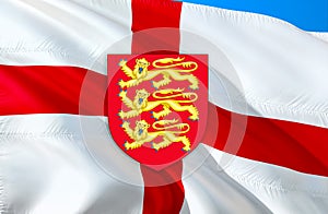 Royal arms of England on English flag. UK Royal National Symbol, 3D Rendering. British Royal flag. England flag and sign of
