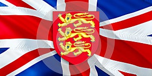 Royal arms of England on United Kingdom flag. UK Royal National Symbol. British Royal flag. UK flag and sign of England. Politics