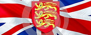 Royal arms of England on United Kingdom flag. UK Royal National Symbol. British Royal flag. UK flag and sign of England. Politics