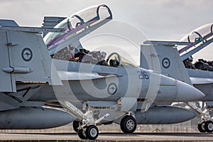 Royal Australian Air Force RAAF Pilot and Weapons System Officer WSO in the cockpit of a Boeing F/A-18F Super Hornet multirole