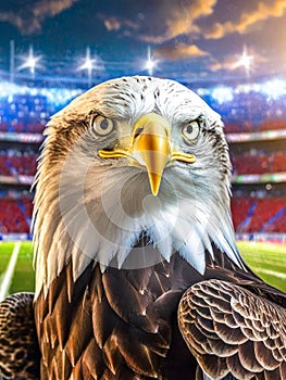 Royal bald eagle in an american football or baseball stadium