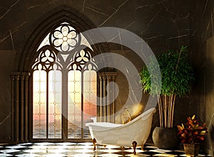 Royal bathroom with a gothic window in a castle on the sea