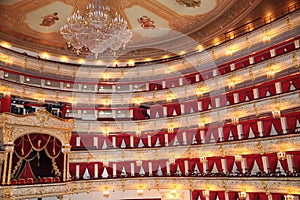 Royal bed and chandelier in the hall of the Bolshoi theatre. Historical scene.  Moscow. 26.04.2018