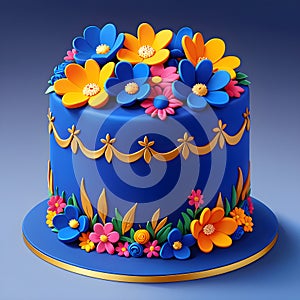 Royal blue fondant cake with flowers