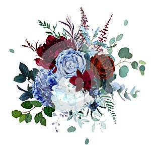 Royal blue, navy garden rose, white hydrangea, burgundy red peony flowers