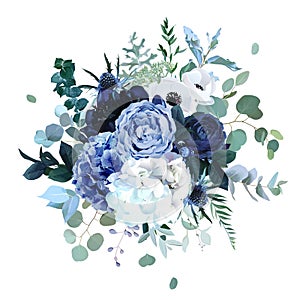 Royal blue, navy garden rose, white hydrangea flowers, anemone, thistle