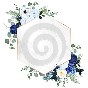 Royal blue, navy garden rose, white hydrangea flowers, anemone, thistle, eucalyptus