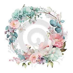 Royal blue, navy garden rose, white hydrangea flowers, anemone, thistle, eucalyptus, vector design marble frame
