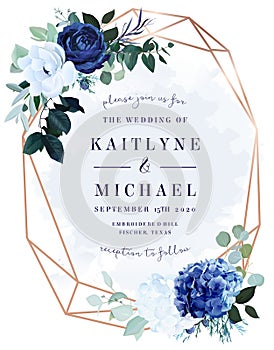 Royal blue rose, white hydrangea, anemone, eucalyptus, juniper vector design frame