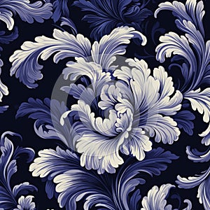 Royal Blue And White Floral Damask Pattern Print photo