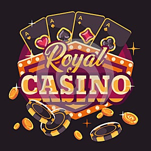 Royal casino illustration with playing cards, poker chips and gold coins