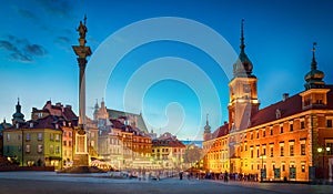 Royal Castle, ancient townhouses and Sigismund`s Column in Old town in Warsaw, Poland.