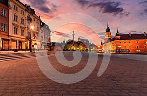 Royal castle and old town square at sunrise in Poland