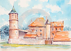 Royal Castle in Tykocin, Poland watercolors painted.