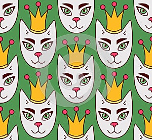 Royal cat face seamless vector pattern