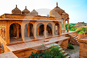The royal cenotaphs of historic rulers, also known as Jaisalmer Chhatris, at Bada Bagh in Jaisalmer, Rajasthan, India. Cenotaphs photo
