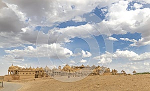 The royal cenotaphs of historic rulers, also known as Jaisalmer Chhatris, at Bada Bagh in Jaisalmer, Rajasthan, India. Cenotaphs