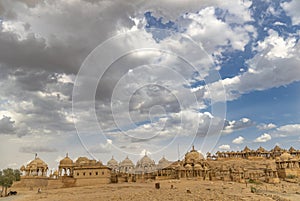 The royal cenotaphs of historic rulers, also known as Jaisalmer Chhatris, at Bada Bagh in Jaisalmer, Rajasthan, India. Cenotaphs