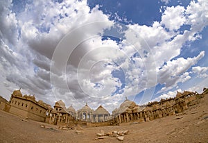 The royal cenotaphs of historic rulers, also known as Jaisalmer Chhatris, at Bada Bagh in Jaisalmer, Rajasthan, India. Cenotaphs