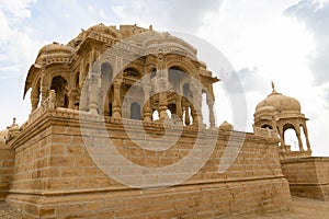 The royal cenotaphs of historic rulers, also known as Jaisalmer Chhatris, at Bada Bagh in Jaisalmer, Rajasthan, India. Cenotaphs