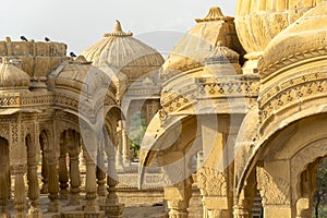 The royal cenotaphs of historic rulers, also known as Jaisalmer Chhatris, at Bada Bagh in Jaisalmer, Rajasthan, India. Cenotaphs
