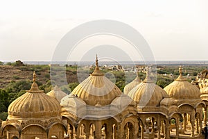 The royal cenotaphs of historic rulers, also known as Jaisalmer Chhatris, at Bada Bagh in Jaisalmer, Rajasthan, India. Cenotaphs