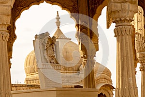 The royal cenotaphs of historic rulers, also known as Jaisalmer Chhatris, at Bada Bagh in Jaisalmer, Rajasthan, India. Cenotaphs