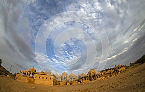 The royal cenotaphs of historic rulers, also known as Jaisalmer Chhatris, at Bada Bagh in Jaisalmer, Rajasthan, India. Cenotaphs