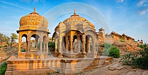 The royal cenotaphs of historic rulers at Bada Bagh in Jaisalmer, Rajasthan, India