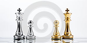 Royal Chess Battle An Intense Faceoff Between Silver And Gold Queen Chess Pieces Set Against A White