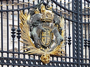 Royal Coat of Arm royal seal on Buckingham Palace`s main gate in London, UK