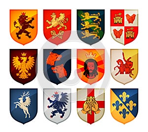 Royal coat of arms on shield vector logo. Heraldry, blazonry set icons