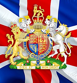 Royal coat of arms of the United Kingdom background. National Emblem of Great Britain. British flag background.The Flag Of The
