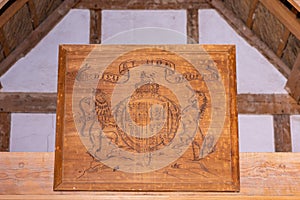 Royal Coat of arms on wood, historic Jamestowne, VA, USA