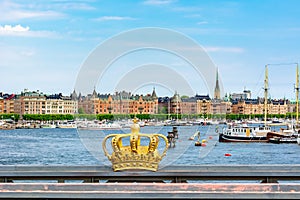Royal Crown and architecture of Strandvagen embankment, Stockholm, Sweden