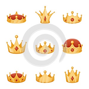 Royal crown head power 3d cartoon icons set isolated vector illustration