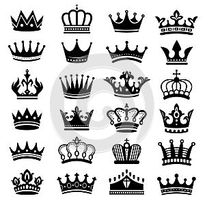 Royal crown silhouette. King crowns, majestic coronet and luxury tiara silhouettes vector set