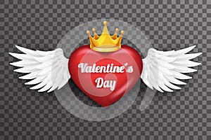 Royal crown valentine day heart white bird angel fly wings 3d realistic design transparent background vector